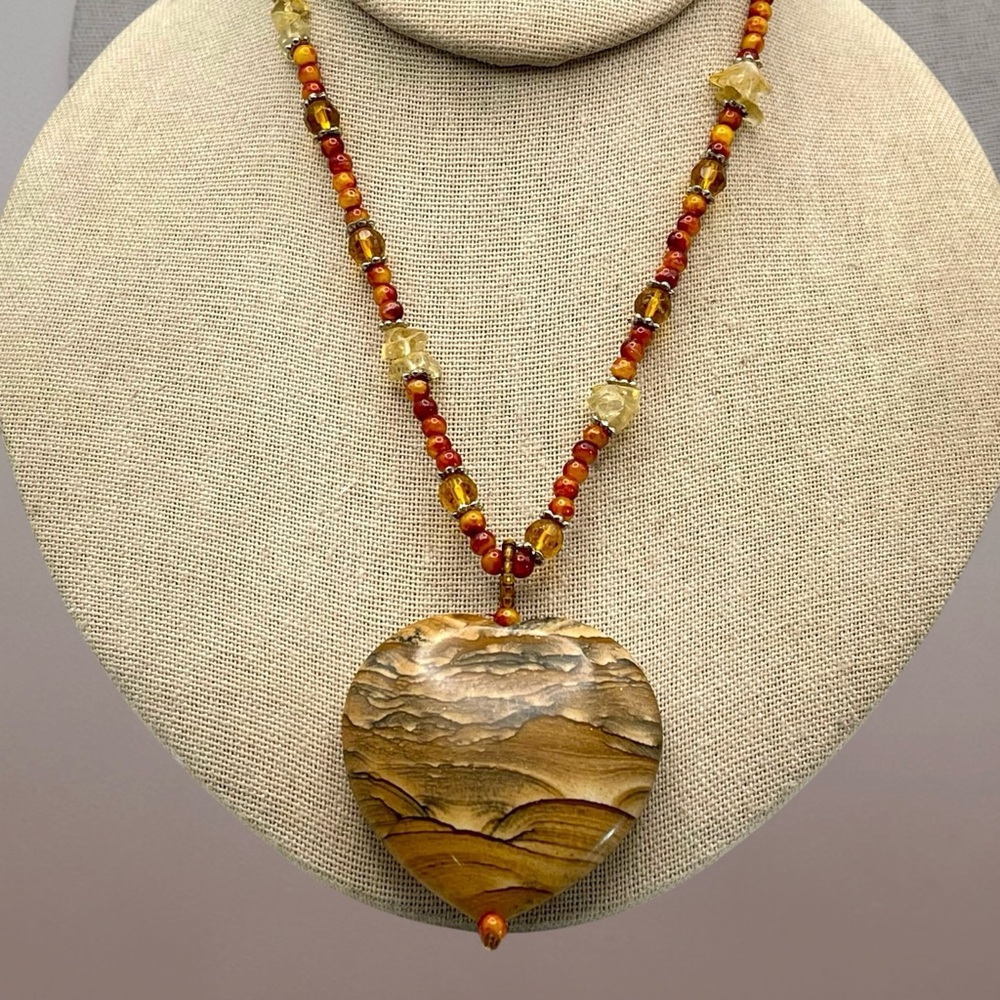 Beautiful Picture Jasper Heart Pendant With Amber and Citrine Necklace Rare